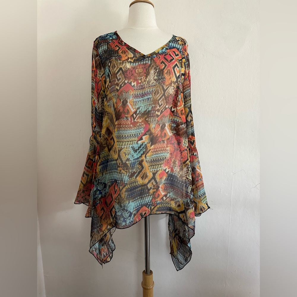 Pyramid Collection Tunic Blouse Top Sz M Sheer Bell Sleeve Topper Coverup